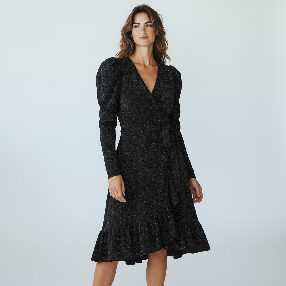 Karl Lagerfeld Paris Black Sparkle Wrap Dress Puffed Sleeves Ruffle Hem Size 16